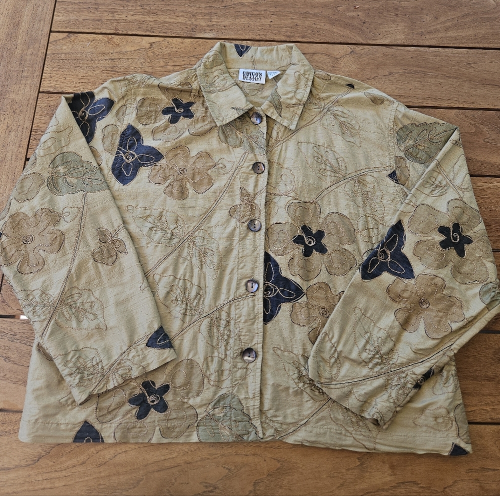 Chico's Design Embroidered Floral Silk Blouse Size 2